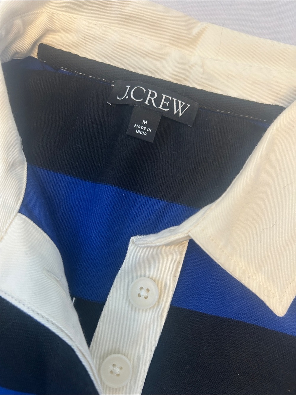 J. Crew Blue and Black Striped Rugby Polo with Cream Collar - Picture 2 of 5